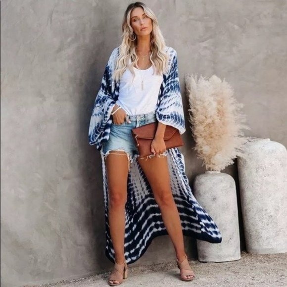 Boho Blue Tie Dye Kimono Duster Coverup - Picture 4 of 13